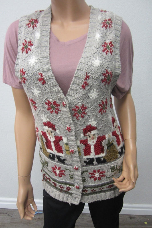 Tiara International Santa Christmas Sweater  Button Front Long Sleeve Size Med