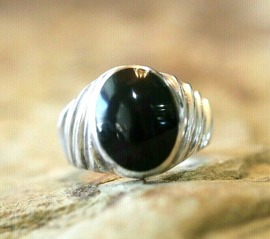 *HEAVY* Solid 925 Sterling Silver Men's Ring with Black Onyx Stone Size 9.25