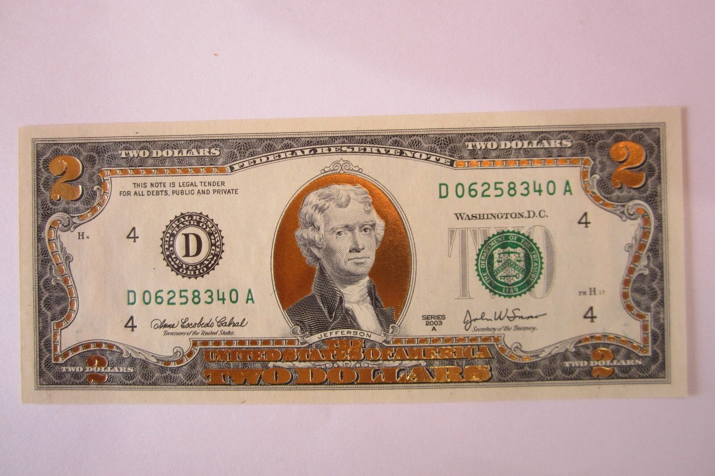 22 K GOLD LEAF- 2 DOLLAR BILL-  COLLECTOR  LEGAL NOTE- D06258340A