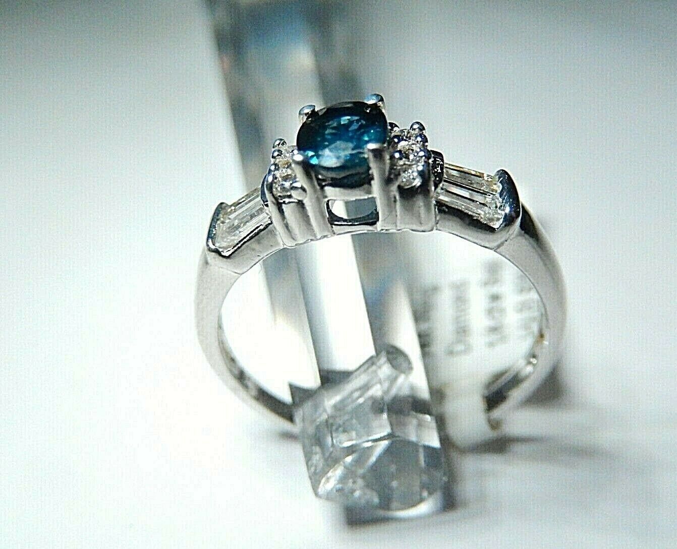 *NWT* 14K White Gold Natural Blue Sapphire & Baguette Cut Diamond  Ring Sz 7.25