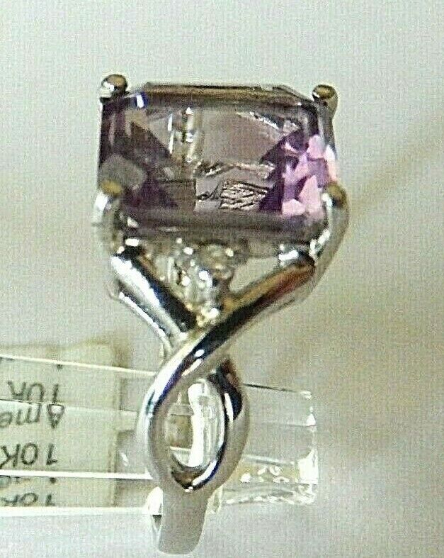 *NEW* 10K White Gold Genuine 3.5CT Amethyst & Natural Diamond Ring Size 7.5