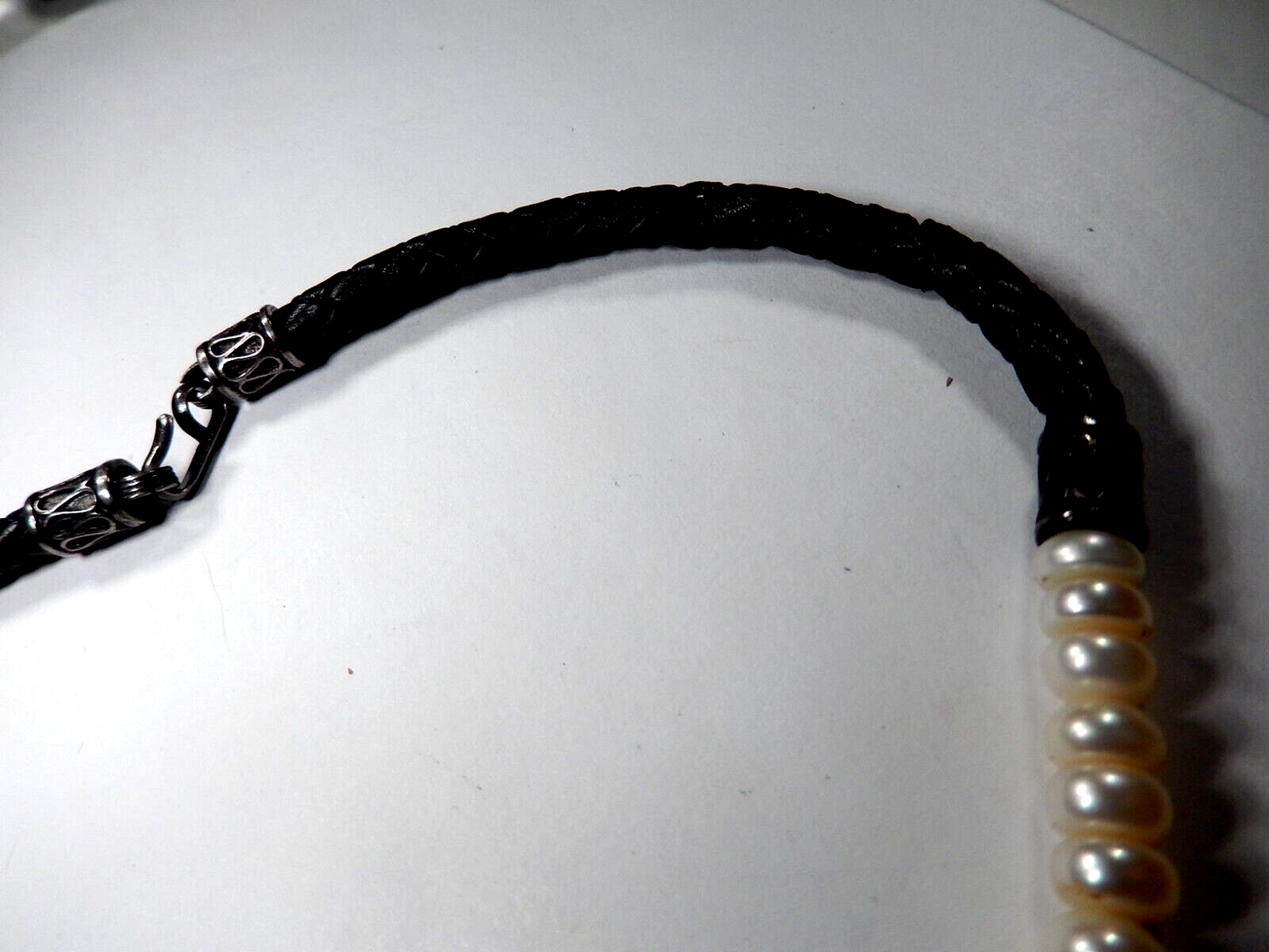 16" Real 7.75mm  Pearls STERLING SILVER BLACK Braided Leather Cord NECKLACE