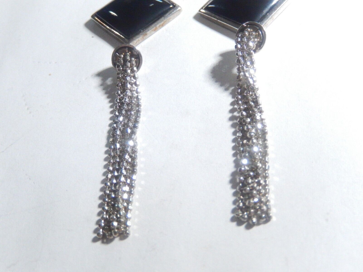 *VINTAGE* Sterling Silver ART DECO Long Black Onyx & Amethyst Dangle Earrings
