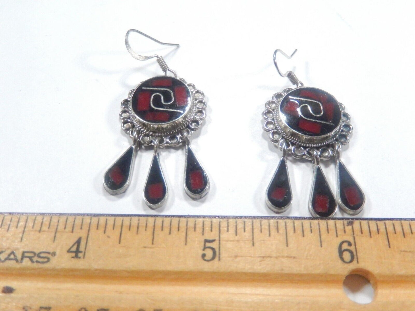 *VINTAGE*  Mexico Alpaca Silver Inlay Native Dangle Drop Earrings