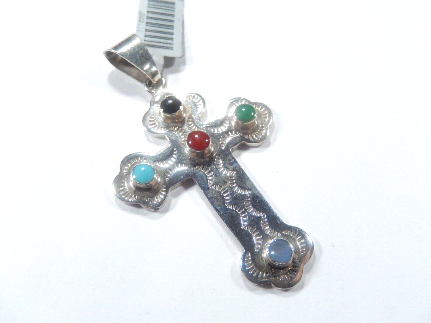 *VINTAGE*  LARGE Mexico Sterling Silver Multi Gem Cross Pendant