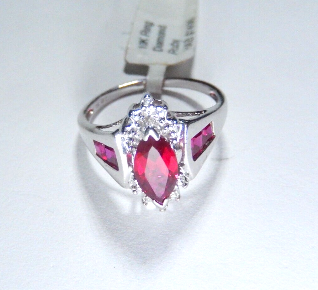 *NWT* 10k White Gold Lab Created Marquise Ruby And Diamond Ring Sz 8