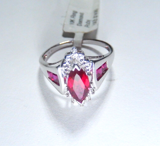 *NWT* 10k White Gold Lab Created Marquise Ruby And Diamond Ring Sz 8