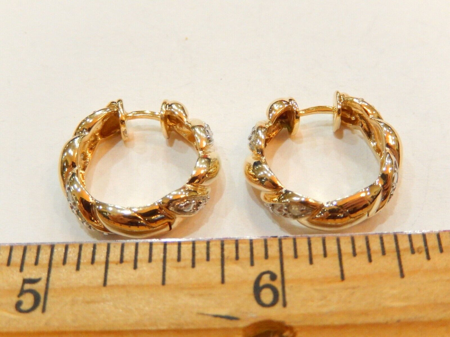 14K Yellow Gold Vermeil  Sterling  Real Diamond Hoop Earrings