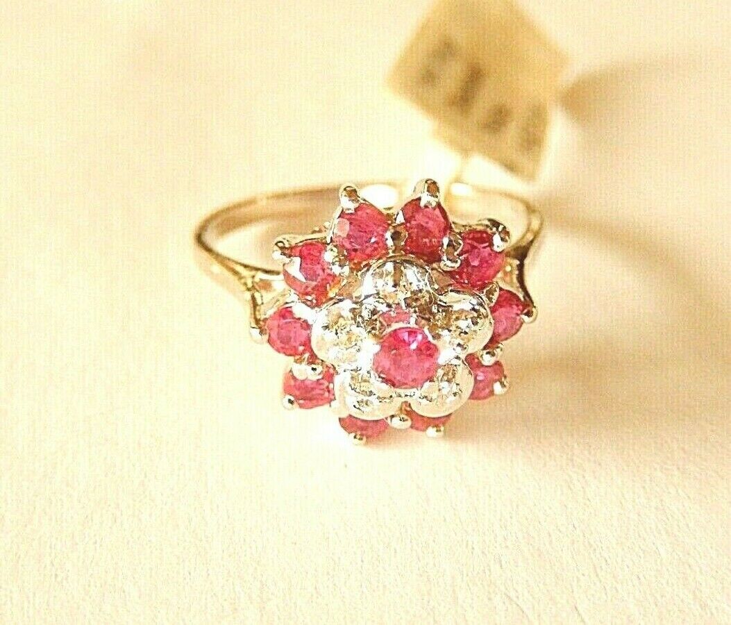 *NWT* 14k White Gold .66CT Diamond & Ruby Three Tier  Cluster Ring Size 6.5