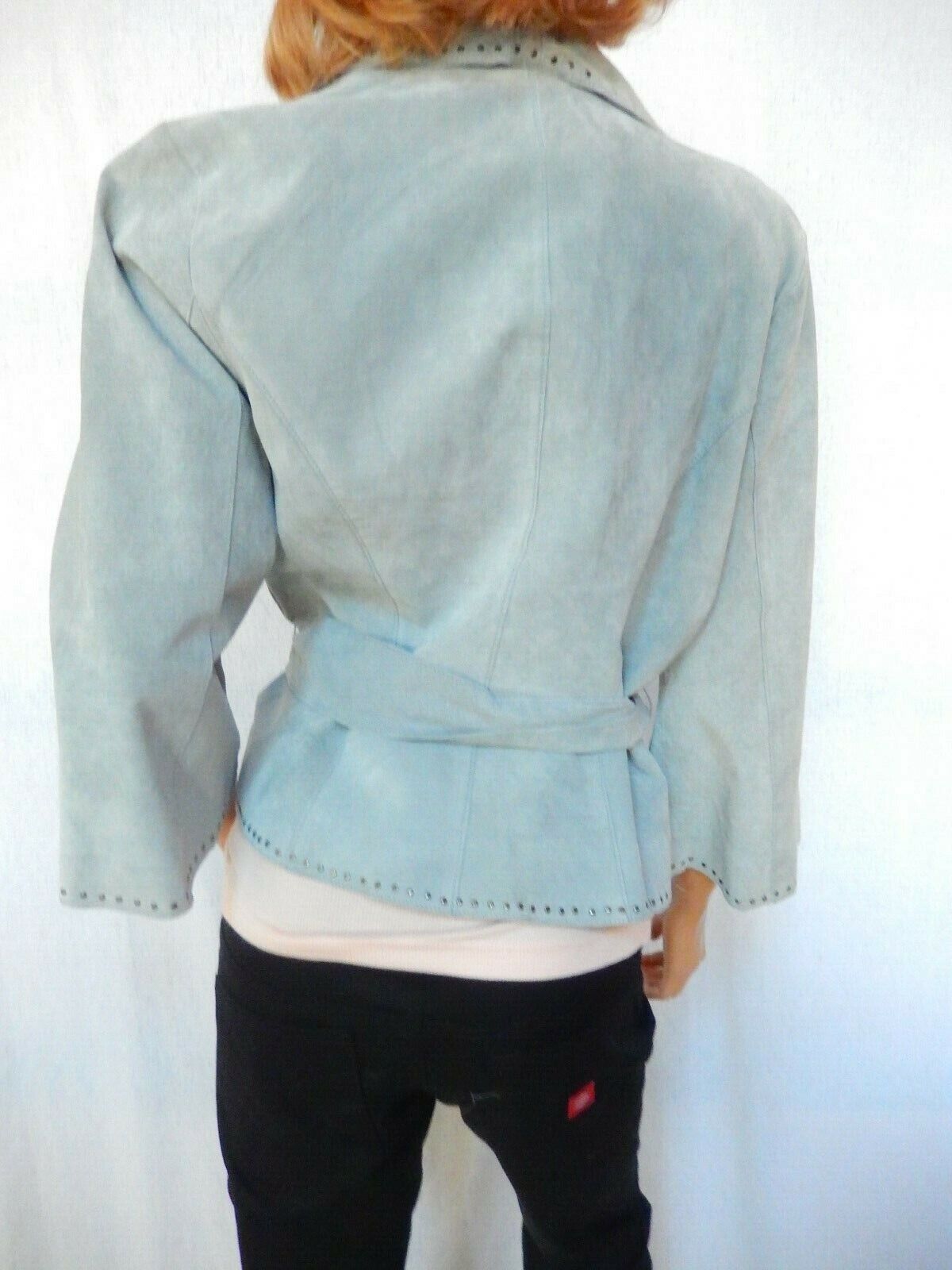 NWT $268 KAREN KANE Lt Blue Suede Serenity Dropped Collar Designer Jacket Sz M