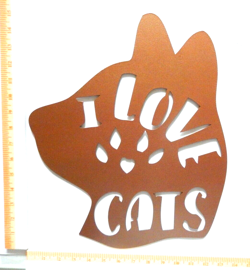 LARGE - "I LOVE PAW CATS" 14 gauge thick Copper Tone Metal Wall Art 15.5" x 12"