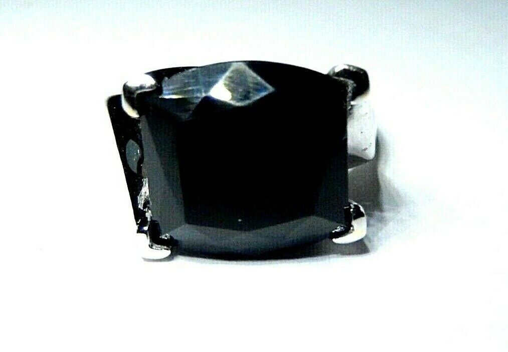 *VINTAGE* LADIES 10K WHITE GOLD 6.00 CT CUSHION BLACK ONYX  RING SIZE 7.5