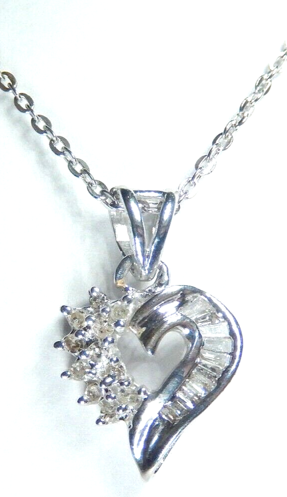10K White Gold  .25ct Natural Round & Baguette Diamond Heart Pendant w/18" Chain