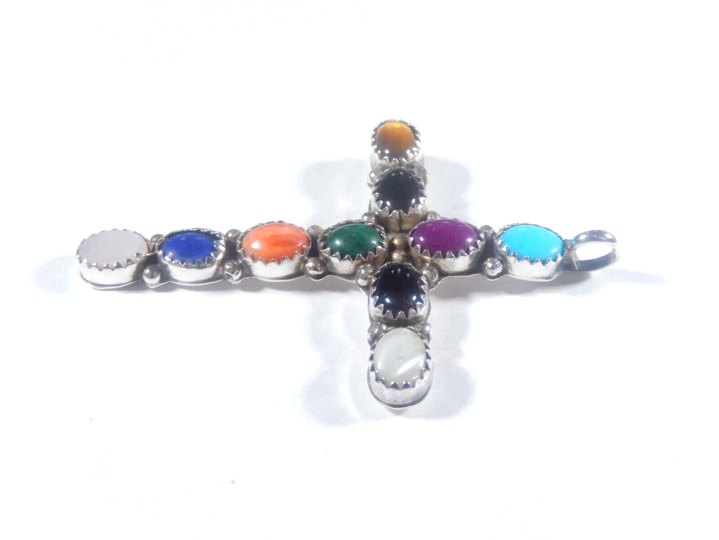 *VINTAGE*   Large Sterling Silver Handmade Multi Gemstone Cross Pendant