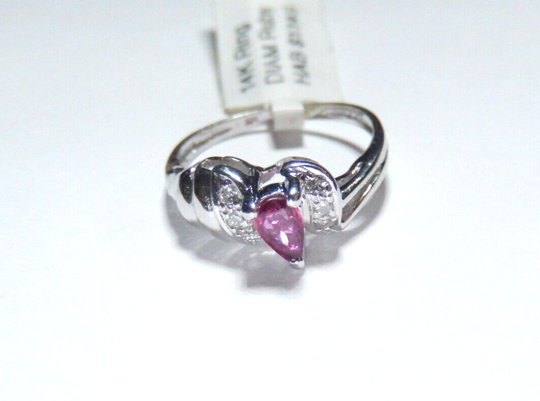 *NWT* 14k White Gold Lab Created Pear Shape Ruby And Diamond Ring Size 3.75