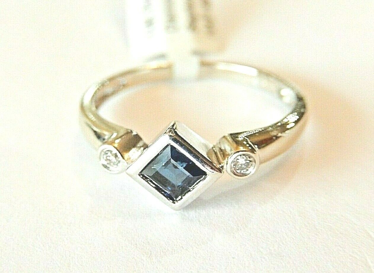 *NWT* 10k White Gold Princess Cut Sapphire And Two Diamond Ring Size 7.75