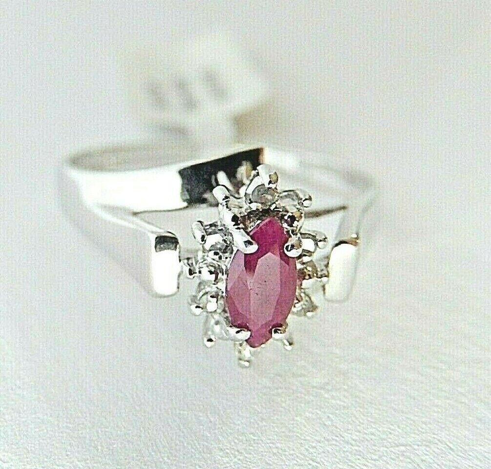 *NWT* 14K WHITE GOLD  NATURAL MARQUISE RUBY AND DIAMOND HALO RING SIZE-7.5