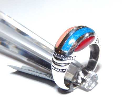 *VINTAGE* Southwest  Sterling Turquoise - Red/Pink Coral - Jade  Size 8.25