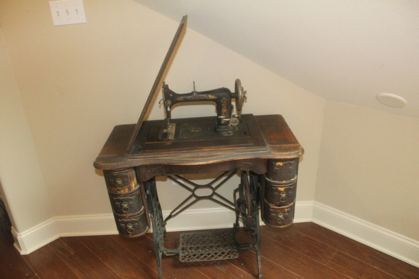 1900's Antique Minnesota Model "A" Treadle Sewing Machine with  7 Drawer Cabinet