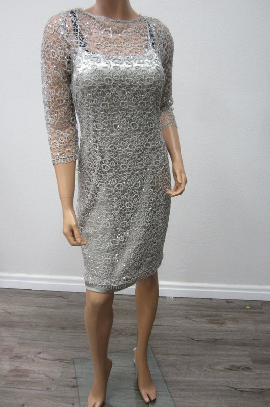 NWT CACHET Beautiful Lace Emboidered 3/4 Sleeve Dress with Silver Sequins Size 4