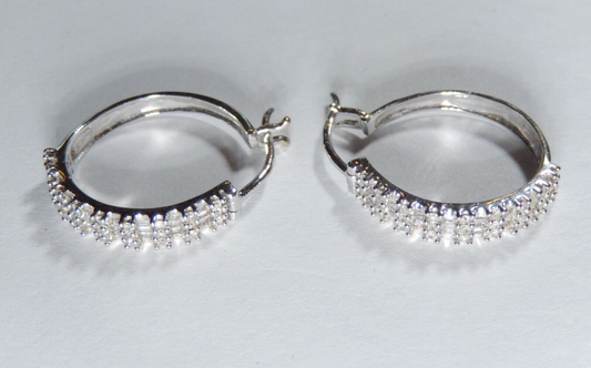 *VINTAGE*  14K White Gold  1.00 CT  102 Natural Diamond 21mm Hoop Earrings