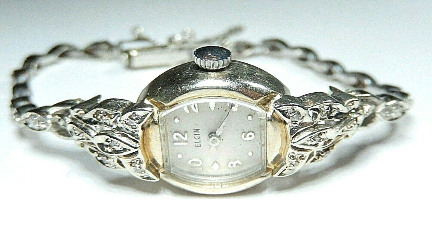 *VINTAGE* Ladies Elgin 14k White Gold Diamond Watch & 14K Diamond Band - Runs