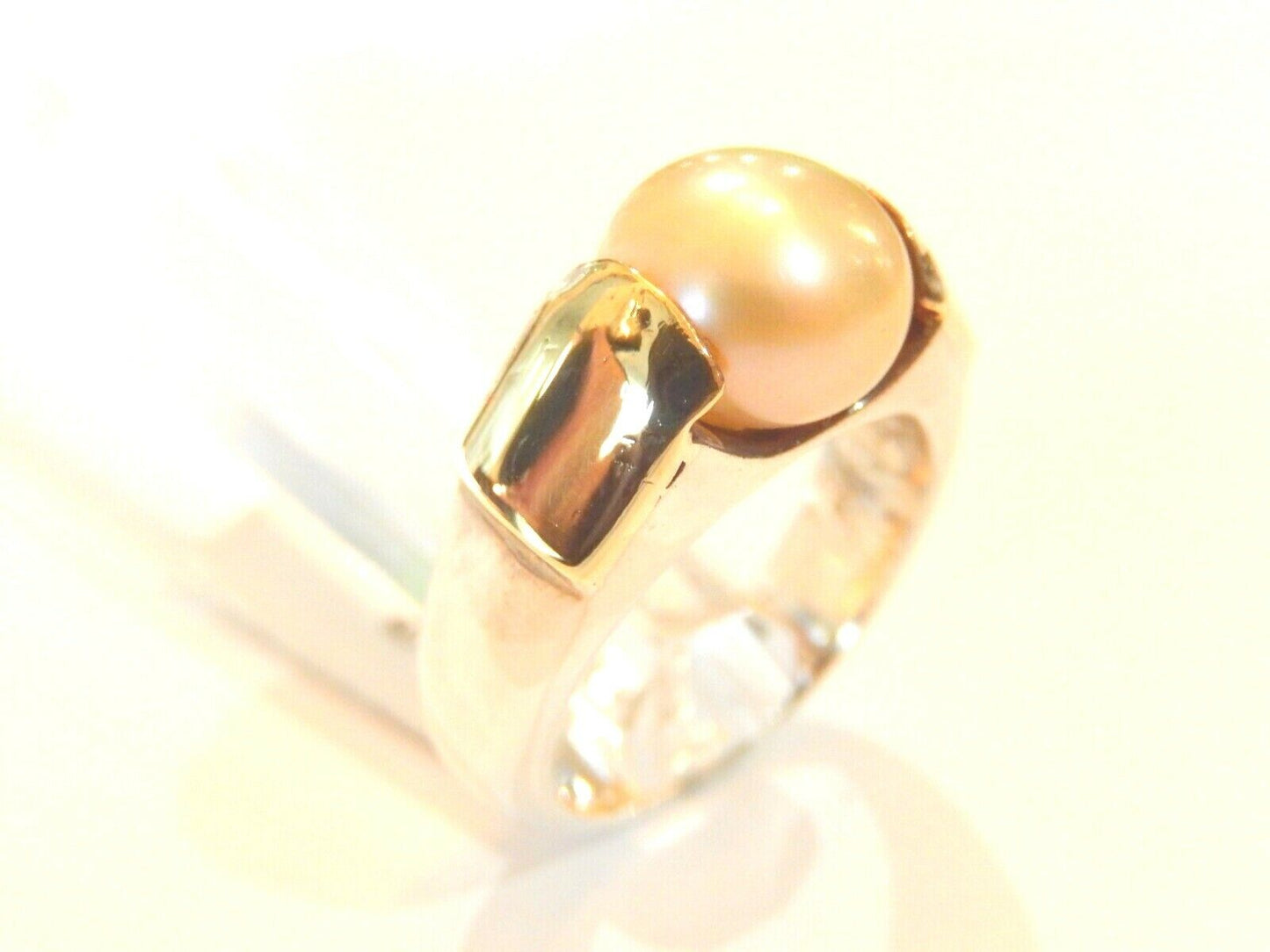 *VINTAGE*  18k Yellow Gold-Sterling Silver 8.5mm Cream Pearl Solitaire Ring 5.5
