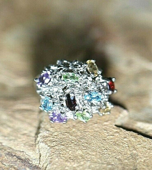 *VINTAGE* Statement Multi Gemstone  925 Sterling Silver Cluster Ring Size 6.25