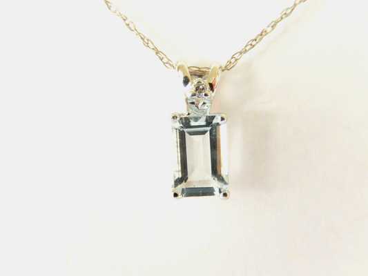 10k White Gold Diamond and .75CT Aquamarine Emerald Shaped Pendant w/17" Chain
