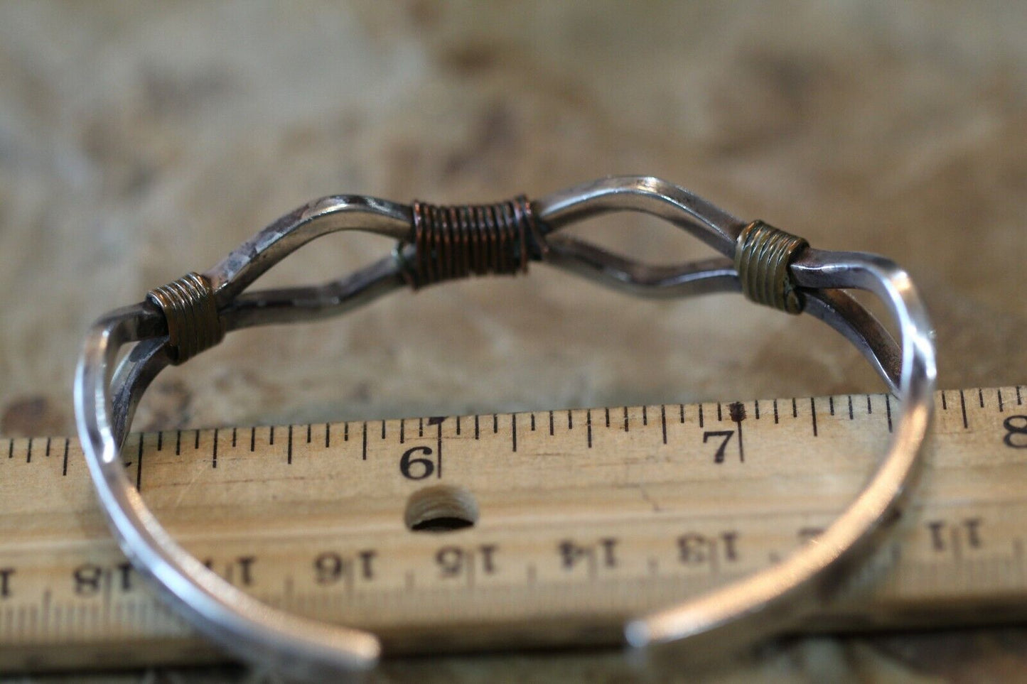 *VINTAGE*  Sterling Silver and Copper Wire Trim Cuff Bracelet Made By "IS"