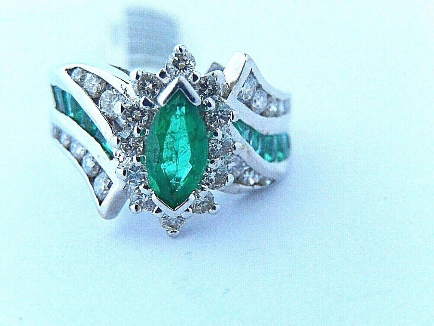 HIGH END 14k White Gold 1.50CT Natural Emerald & Natural Diamond Ring Size 7.5