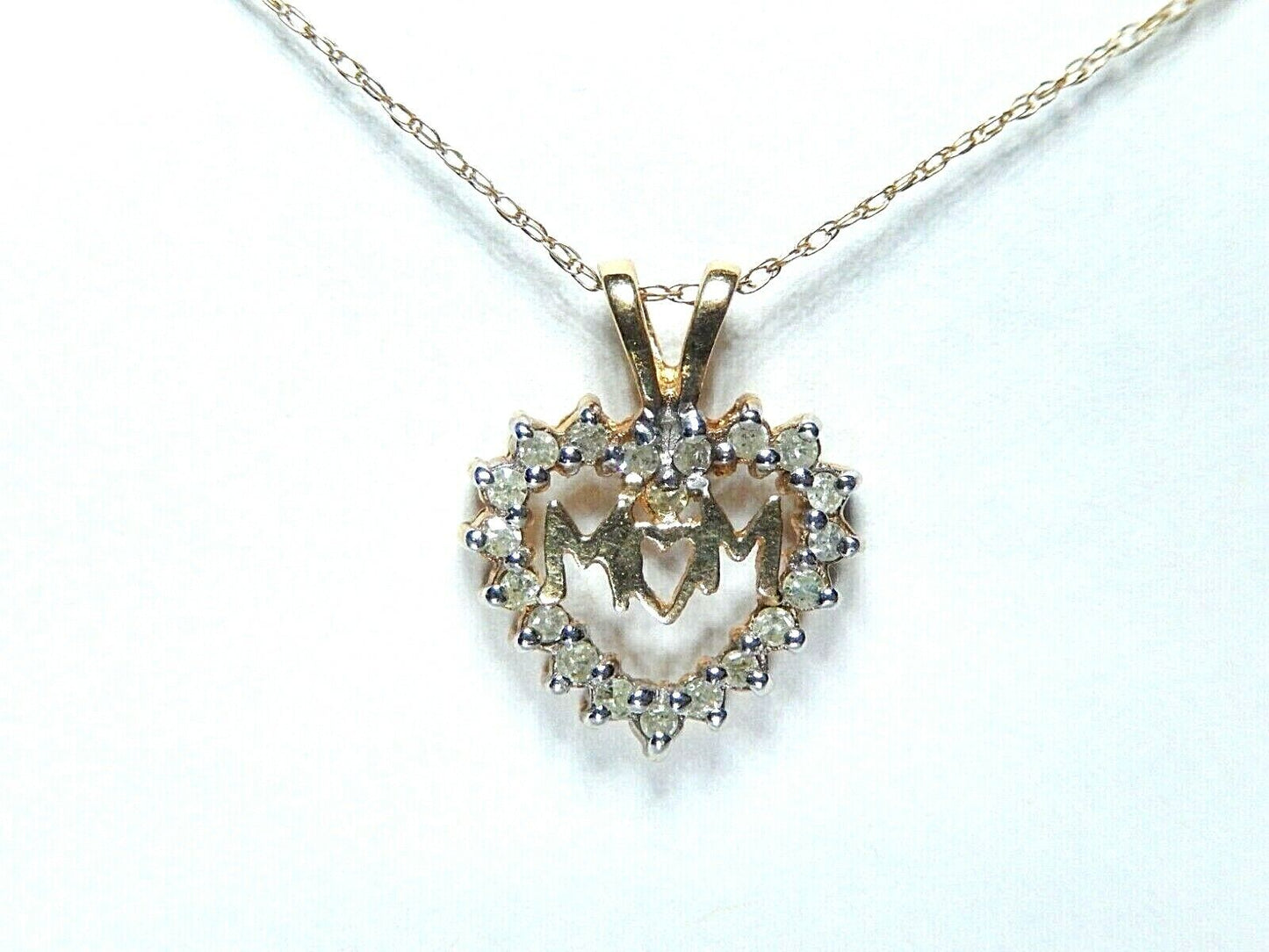 10K Yellow Gold  "MOM" .25CT Natural Diamond Heart Pendant w/18" Chain