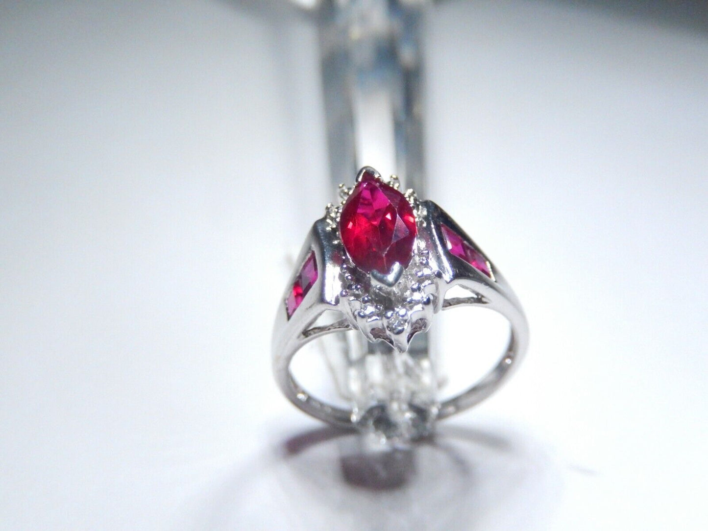 *NWT* 10k White Gold Lab Created Marquise Ruby And Diamond Ring Sz 8