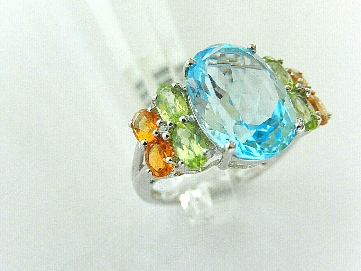 10K White Gold 8.5CT Multi Gemstones  Blue Topaz - Peridot -Citrine Ring Sz 9.25