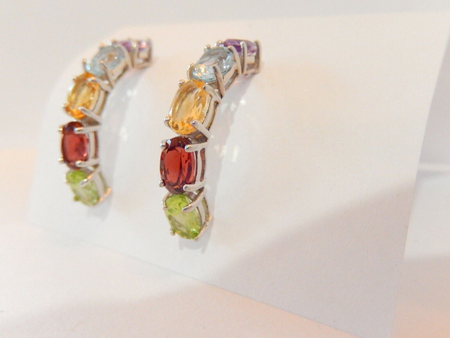 *VINTAGE* 10K White Gold 5CT Oval Gemstone Ladies Fancy J Shaped Hoop Earrings
