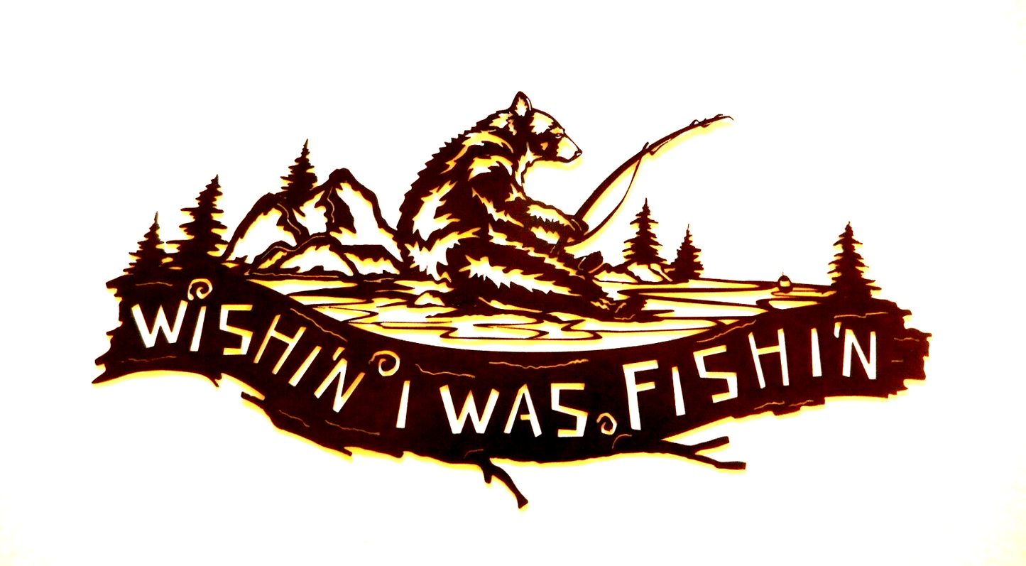 ~NEW~ LARGE 14ga. - " BEAR WISHI'N I WAS FISHI'N" Metal Wall Art - 23" x 12"