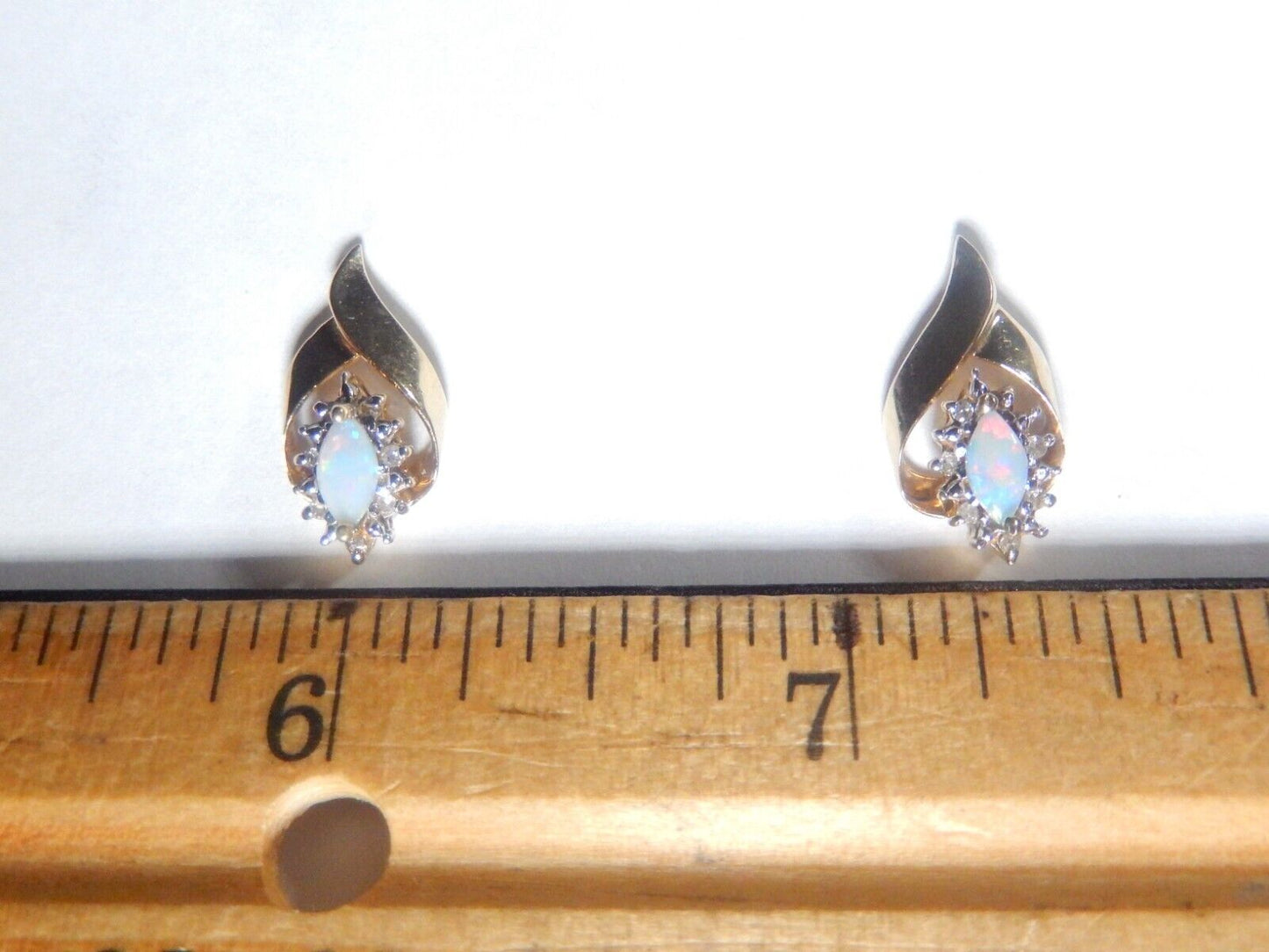 *VINTAGE* 10k Yellow Gold Marquise Opal And Diamond Halo Earrings