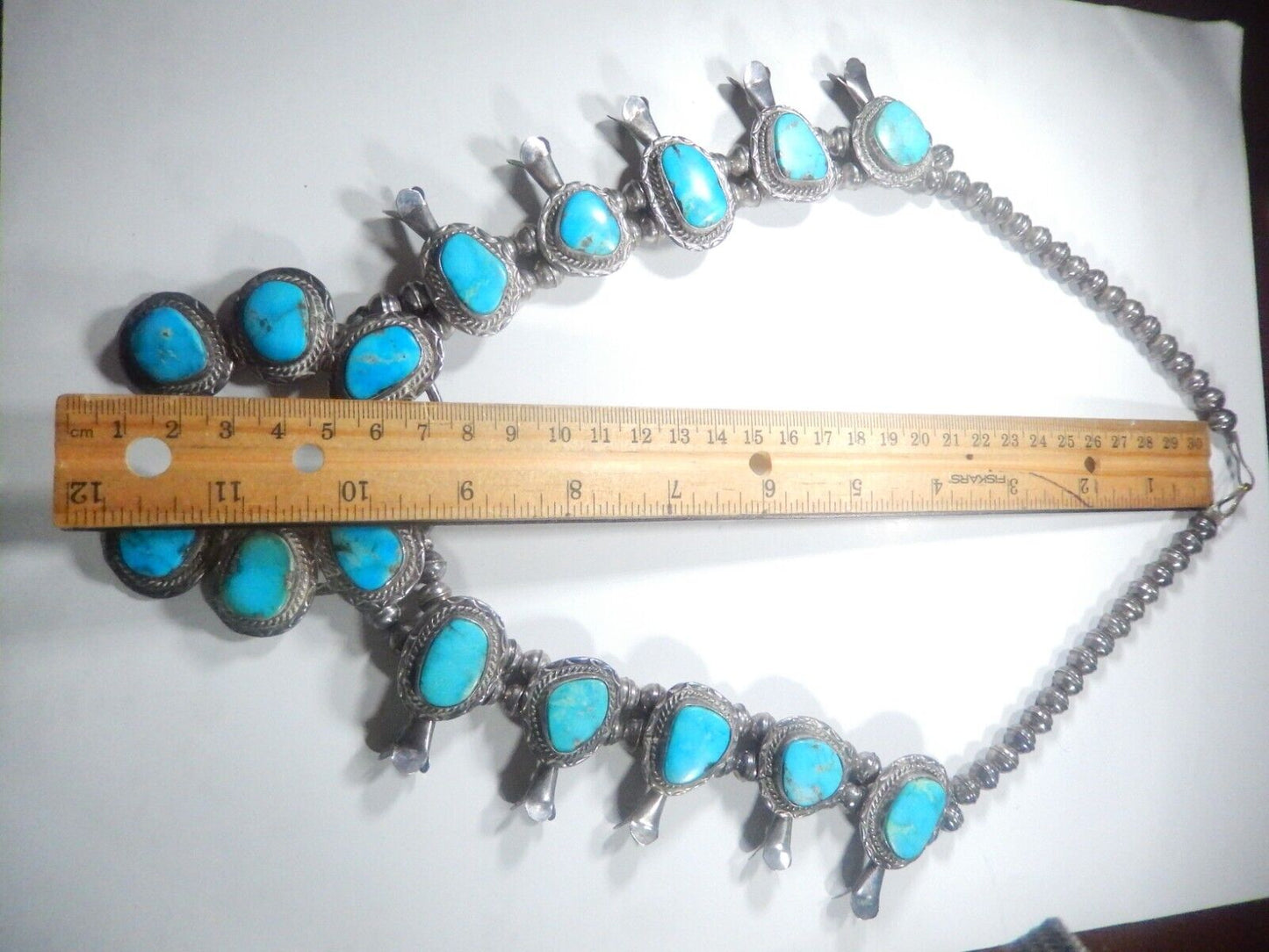 Old Pawn Rustic Natural TURQUOISE & Sterling 26" Squash Blossom Necklace 188 gms