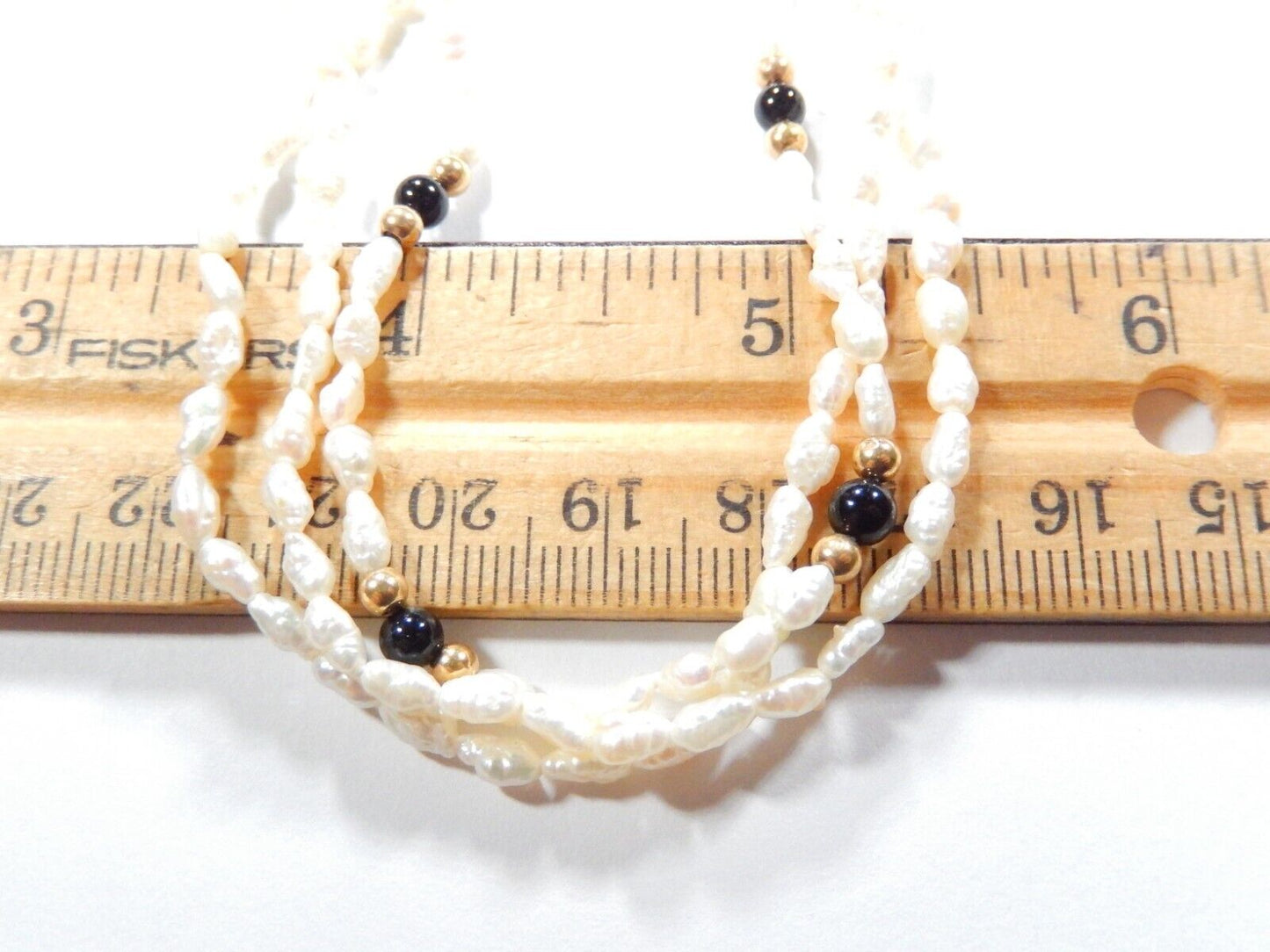 VINTAGE  16"  Genuine Rice Pearl and Gold Ball Three Strand Necklace w/14K Clasp