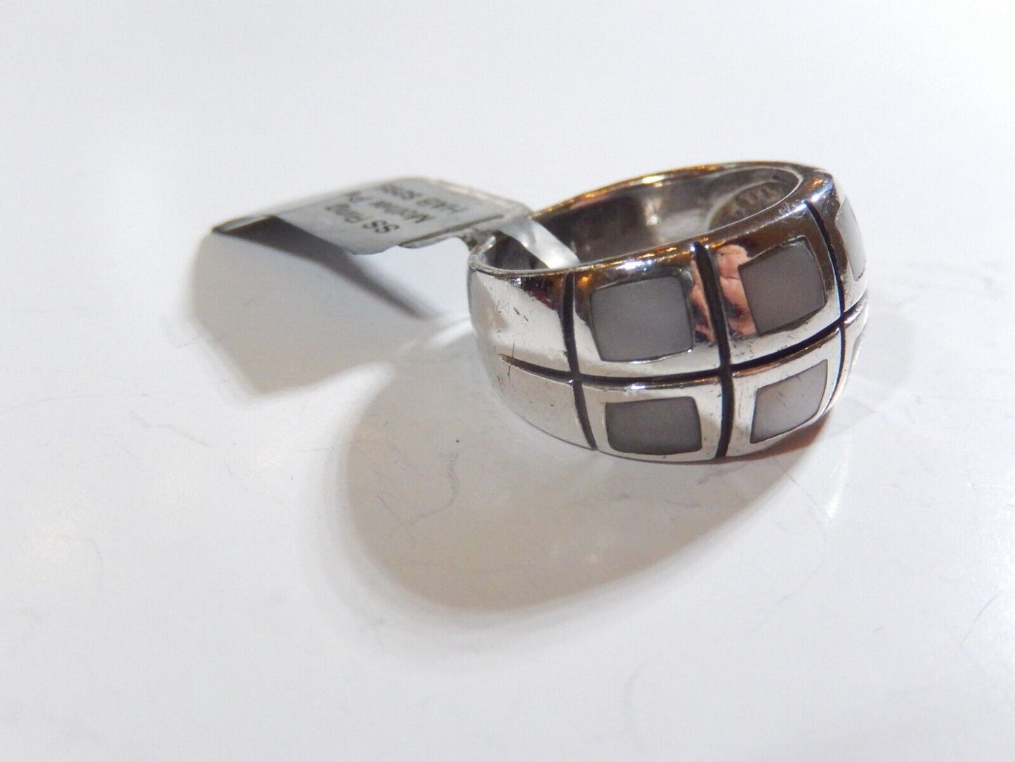 *VINTAGE*  Sterling Silver 12.5mm Wide Band Inlay Mother of Pearl Ring Sz 7