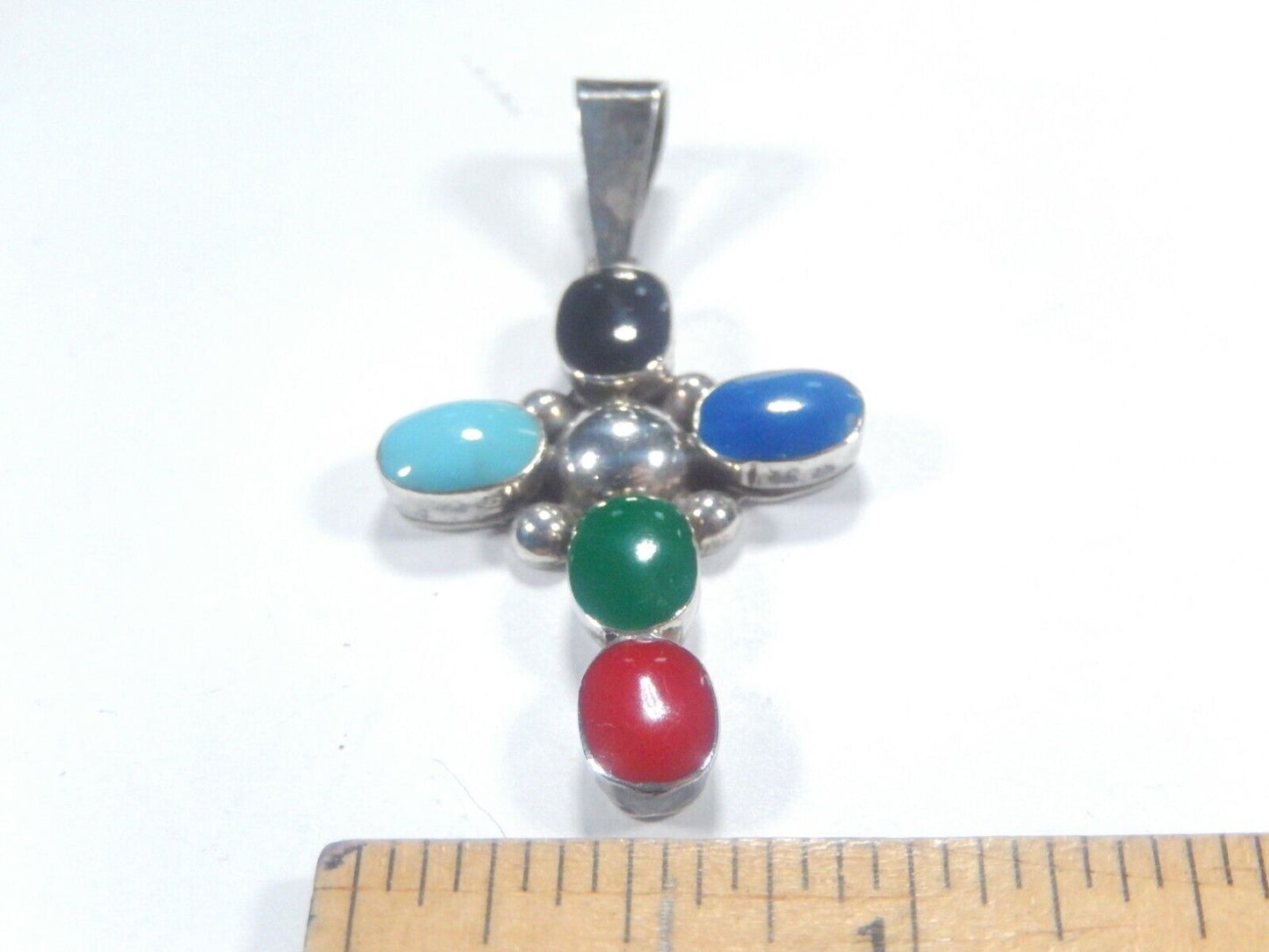 *VINTAGE*   Sterling Silver Taxco Mexico Mult Stone Cross Pendant 2" x 1"