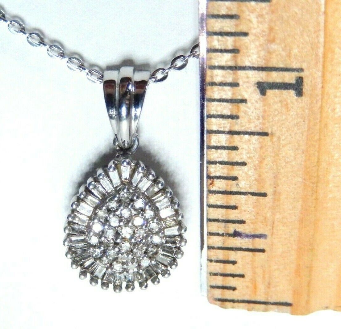 *NWT*  3/4 Ct Round & Baguette Diamond 10K White Gold Cluster Pendant Necklace