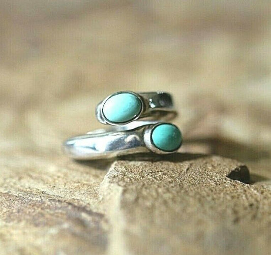 *VINTAGE*  Mexico Heavy Sterling Silver Turquoise Ring Adjustable Size 6-10