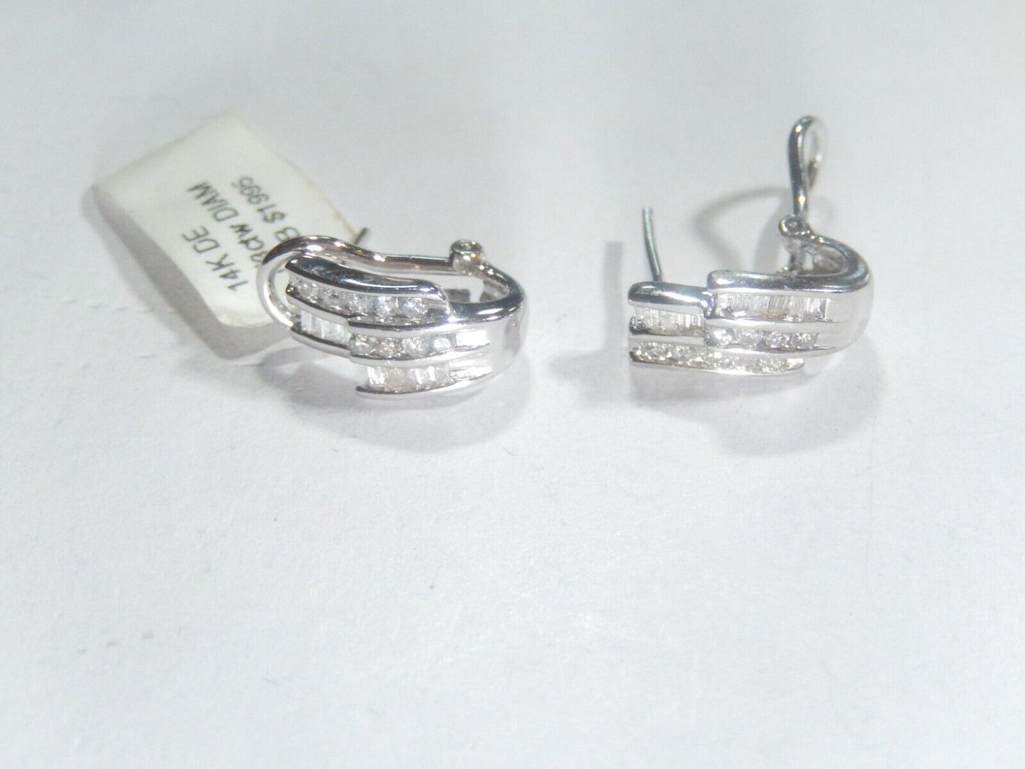 14K White Gold .33CT Round & Baguette Natural Diamond Hoop Leverback Earrings