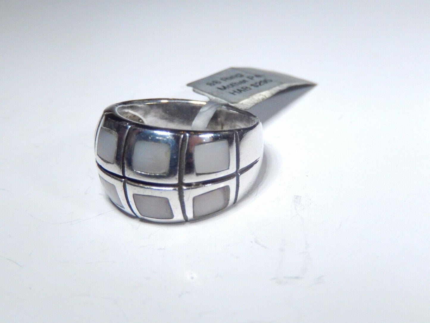 *VINTAGE*  Sterling Silver 12.5mm Wide Band Inlay Mother of Pearl Ring Sz 7