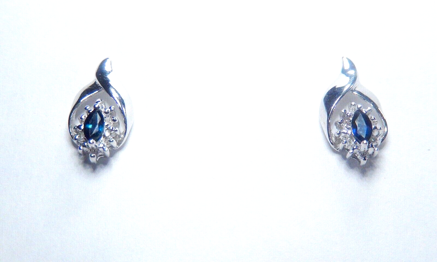 10k White Gold Natural Marquise Sapphire And Diamond Stud Earrings
