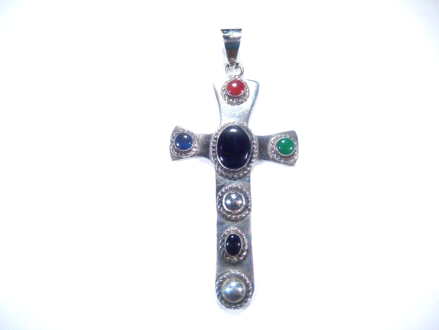 *VINTAGE*  Large Sterling Taxco Mexico Multi Gemstone Cross Pendant 3.5" Tall