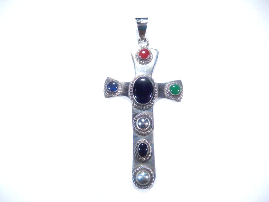 *VINTAGE*  Large Sterling Taxco Mexico Multi Gemstone Cross Pendant 3.5" Tall