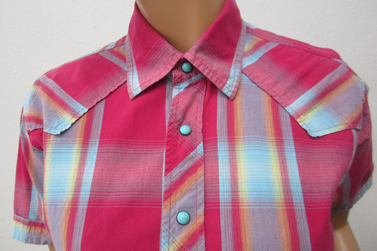 MINT Cinch Men Red Plaid Turquoise Snap Button Front Short Sleeve Western Shirt