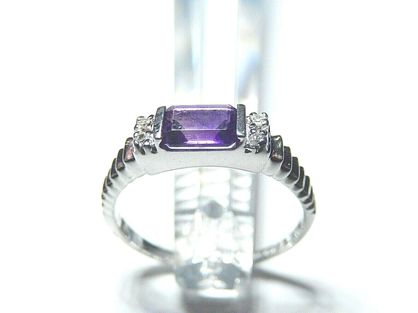 *NWT* 10K White Gold Amethyst & Diamond Modern Style Ring Size 7